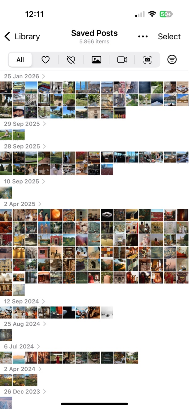 Opla Saved Posts album showing a date-grouped photo grid with media filters and Select control